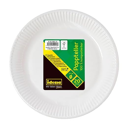 Idena 50053 - Assiette en carton blanc, 20 pièces, diamètre 23 cm, écologique & compostable, Assiette en papier, Assiette en carton, Vaisselle jetable