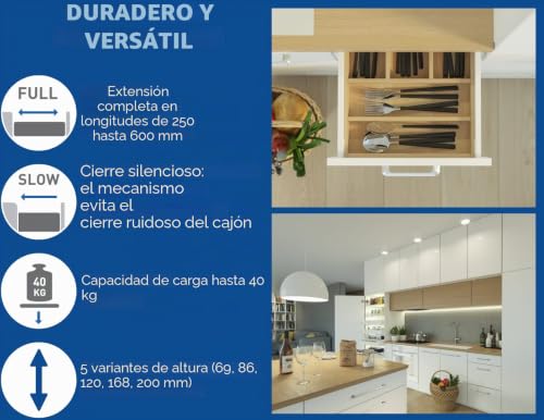 Miniatura 3 de Gtv- Sistema De Cajones Axis Pro, Juego De Cajones, Extracción Total Y Amortiguación Integrada, Carga Hasta 40 Kg, Cajones Deslizantes Con Cierre Suave - Ancho 500 Mm, Alto 200 Mm, Blanco