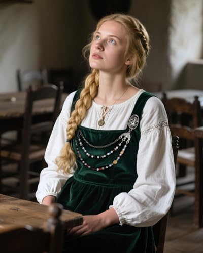 Image of Viking Apron Brooch Chains Medieval Renaissance Women Jewelry | Dress Cape Sweater Shawl Cloak Clasp with Chain, Beads, Celtic Norse Fantasy Elf Fairy Witch Accessory, LARP, Ren Faire