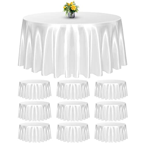 Lykoow 10 Packs White Round Satin Tablecloth Overlay Round Silky Satin Table Cover 108Inch Bright Tablecloth Smooth Fabric Table Decoration For Parties Holiday Wedding Birthday Banquet(White) #TOP16