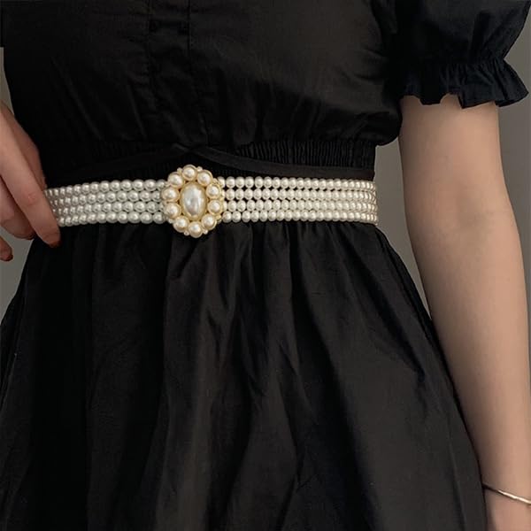 Generic Rhinestones Faux Pearl Belts Pearl Gold Elastic Buckle Belts, Pearl Waistband Dress Clothes Accessories for Women Elegant Rhinestone Waistband for Dresses Suit, Medium, White3