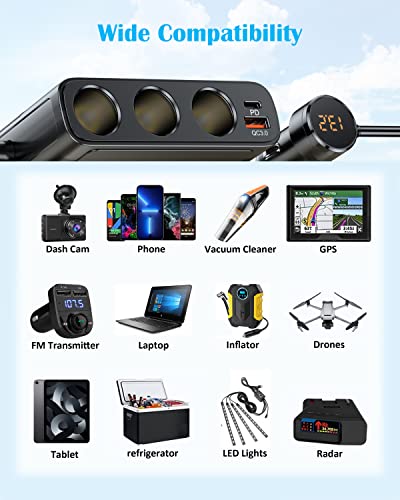 Lihan Cigarette Lighter Splitter,7 In 1 Car Charger 3 Sockets Adapter 12V/24V, Type-C & Qc3.0 & Dual Usb Charging Ports(3.3Ft Cable),Independent Switches Led Voltage Display Dc Outlet #TOP6