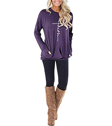 Aelson Women's Casual Faith Printed Round Neck Sweatshirt T-Shirts Tops Blouse With Pocket #TOP3