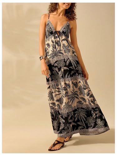 Image of SHENHE Women's Summer Tropical Maxi Sundress Tiered Ruffle Hem Spaghetti Strap Boho Dresses