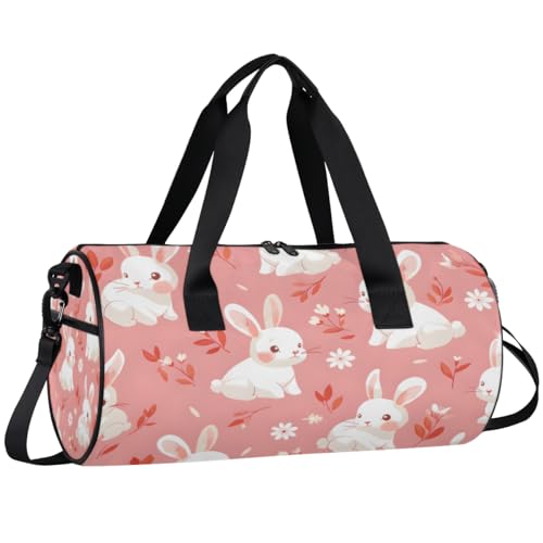 Rabbits Round Barrel Sports Fitness Bag, Pink Travel Luggage Bag, Reusable Handbag, Suitable For Men and Women