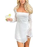 Women Square Neck Long Sleeve Mini Dress Sexy Low Cut Cutout Split Bodycon Short Dress Party Club Ni