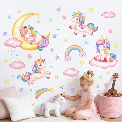 Supzone Stickers Muraux Enfants Licorne série Bonne Nuit - Grand Licorne Arc en Ciel Autocollant Mural Décoration Chambre Enfants Bébé Salle de Jeux Pépinière Salon