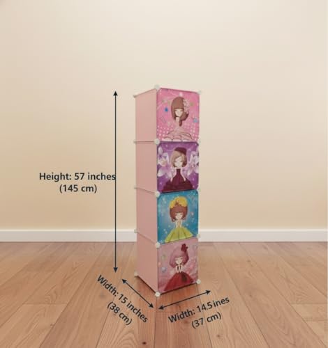 Image of KRISHYAM Kids Modular Storage Cabinet with Cartoon Princess Print Doors, 4 Cube Plastic Wardrobe Organizer, DIY Closet System with Hanging Rod, Toy & Clothes Storage (4 Box)