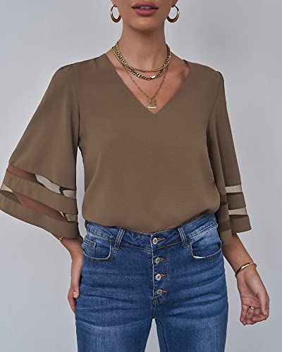 Lookbookstore Women Vneck Mesh Panel Brown Work T Shirts For Women V Neck Casual 3/4 Flared Bell Sleeve Blouse Loose Business Office Blouse And Tops Size Medium #TOP3
