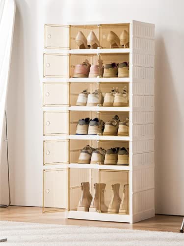 Étagère Chaussures Pliante. Boîte à Chaussures Empilable Transparent. Organisateur de Chaussures Sans Installation pour 12 paires, 6 Hauteurs. Rangement respirant antipoussière pour chaussures, blanc