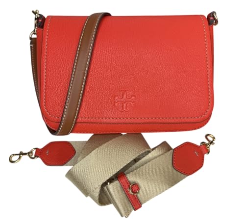 Tory Burch Women's Pebbled Leather Thea Flap Crossbody Shoulder Bag (Poppy Red)
