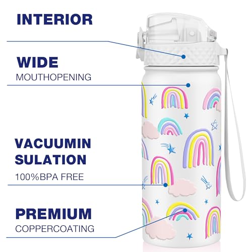 GOPPUS 550ml/18oz Kids Insulated Water Bottle with Straw Cute Double Wall Stainless Steel Child's Small Flask Vacuum Insulated Steel Metal Leak Proof Drink Flask Boys Toddler Girls Flask BPA-Free - Image 4