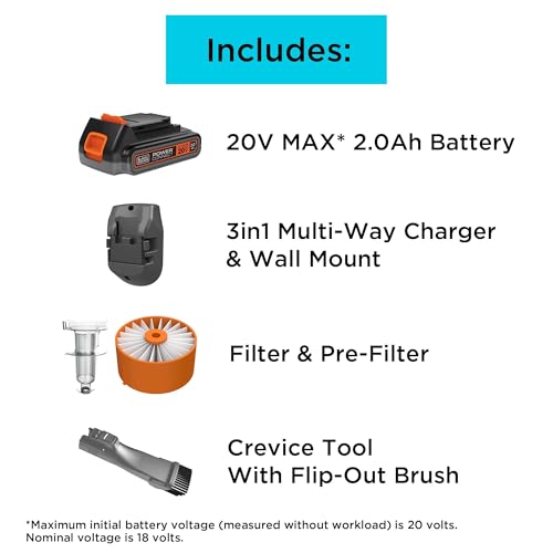 BLACK+DECKER Cordless Vacuum, Powerseries Extreme, Stick Vacuum Cordless Rechargeable, Interchangeable Floorhead with Crevice Attachment, 3 Speed Control, Lightweight, Blue (BSV2020G)