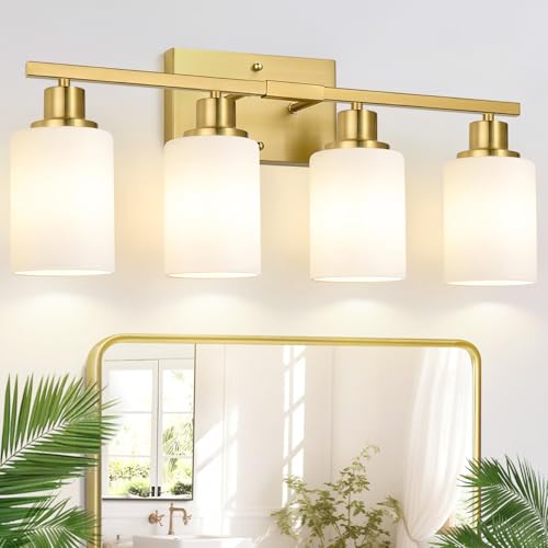 Image of Indoi 4-Light Bathroom Light Fixtures, Brushed Gold Modern Vanity Lights with Milky White Shades, Bathroom Wall Lamp for Mirror Living Room Cabinet Bedroom Porch