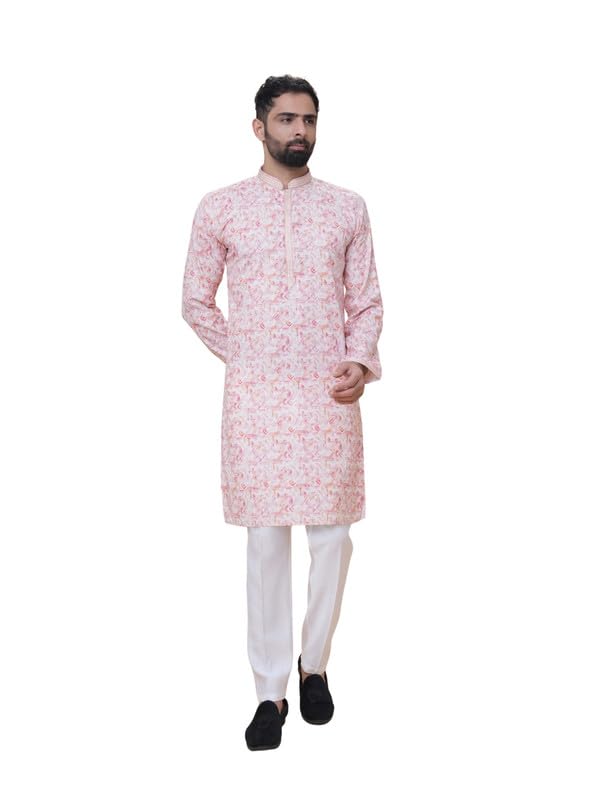 Men Cream Printed Kurta Pyjama Set Festive Look Khadi Cotton-image-23
