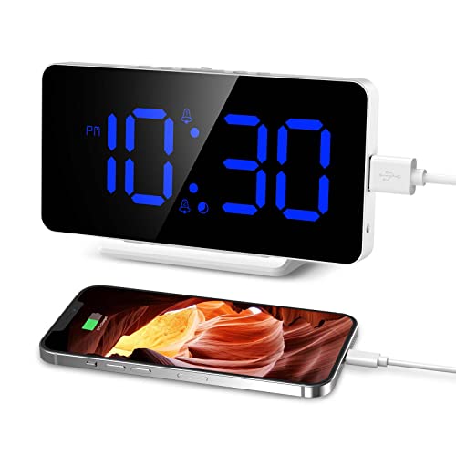 Criacr Réveil Numérique, Réveil de Chevet avec Écran LED et Fonction Snooze, Affichage de L'heure, Date et Température, Réveil Matin avec Luminosité Réglable et Chargement par Port USB, Bleu Cover