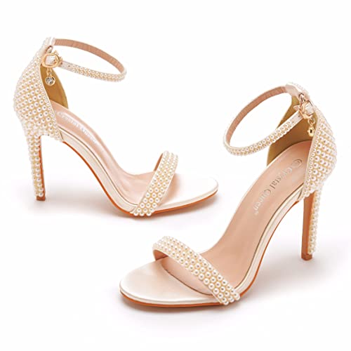 Crystal Queen 4.2 inches White Pearls Bridal Stiletto Heels Sandals Peep Toe Women's Ivory Pearls Sandals For Wedding Party Evening3