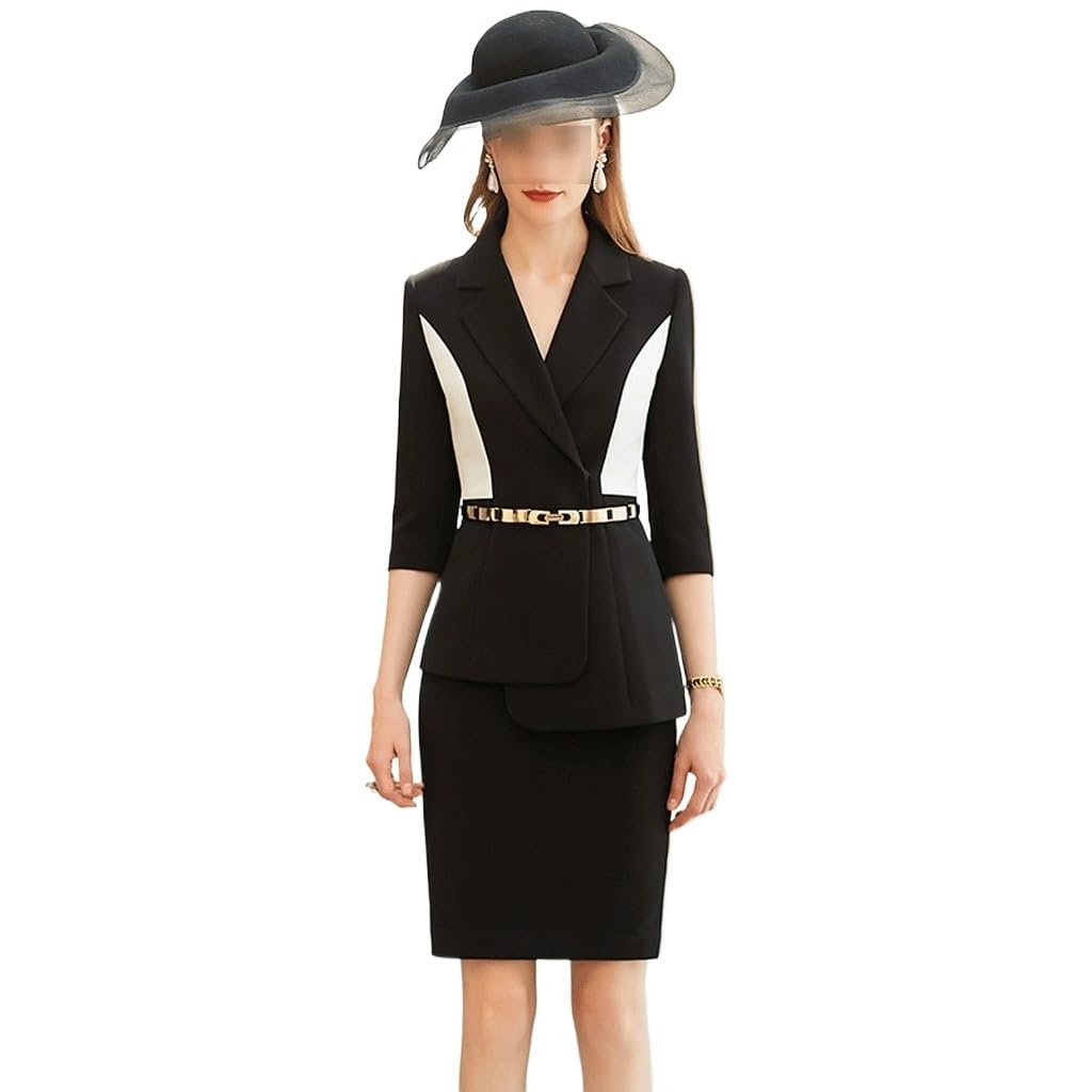 Fashion Spring and Mid-Sleeve Black and White Colorblocking Suit Occupational Wear Thin Formal Belt