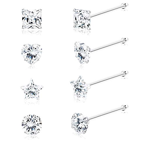 Sllaiss 8Pcs 22G Sterling Silver Nose Rings Studs 3mm Assorted Shapes CZ Inlaid Nose Body Piercing Jewelry