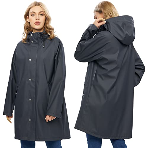 UNIQUEBELLA Raincoat for Women Outdoor Hooded Jacket Rain Jackets Waterproof Breathable Windbreaker-Black