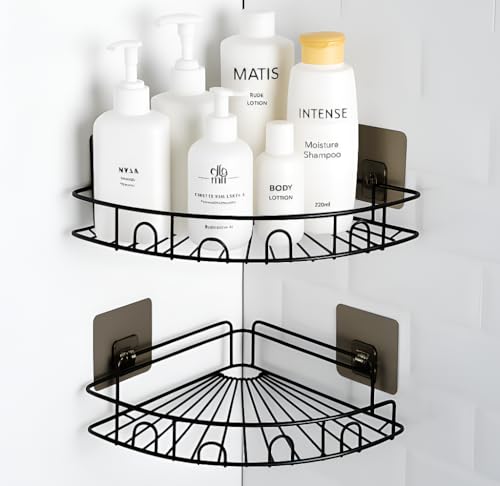 Image of Corner Bathroom Shelf Organizer - Rustproof Wall Mounted Shower Caddy Rack with Strong Adhesive, No Drilling, Black Metal Storage for Shampoo, Soap, Toiletries & Kitchen Use (1)