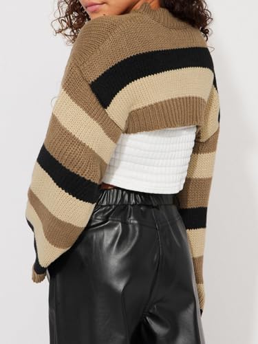 SHENHE Girl's Shrug Bolero Striped Long Bell Sleeve Knitted Cropped Sweater Preppy Clothes4