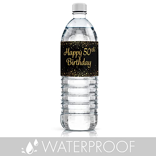 Black And Gold 50Th Birthday Party Water Bottle Labels - 24 Stickers #TOP4