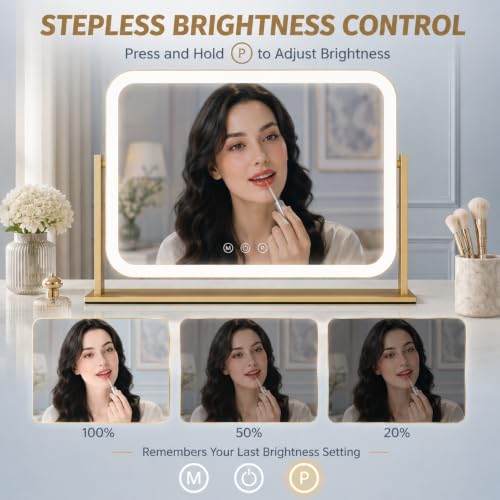 Image of FENNIO Vanity Mirror with Lights 17''x13'' Makeup Mirror with Lights,Vanity Mirror Touch Screen with 3-Color Lighting,Dimmable,for Vanity Desk Tabletop Gold