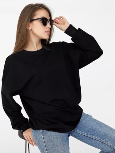 Image of LEOTUDE Women's Loopknit Boyfriend /Loose Fit Round Neck Sweatshirt (Color Black)