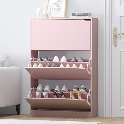 Image of Shoe Storage Cabinet for Entryway, Pink Shoe Cabinet with 3 Flip Drawers, Hidden Shoes Rack Freestanding Storage Organizer for Entryway,Closet, Living Room,Hallway 47.24 inchH x 31.50 inchW x 9.44 inchD