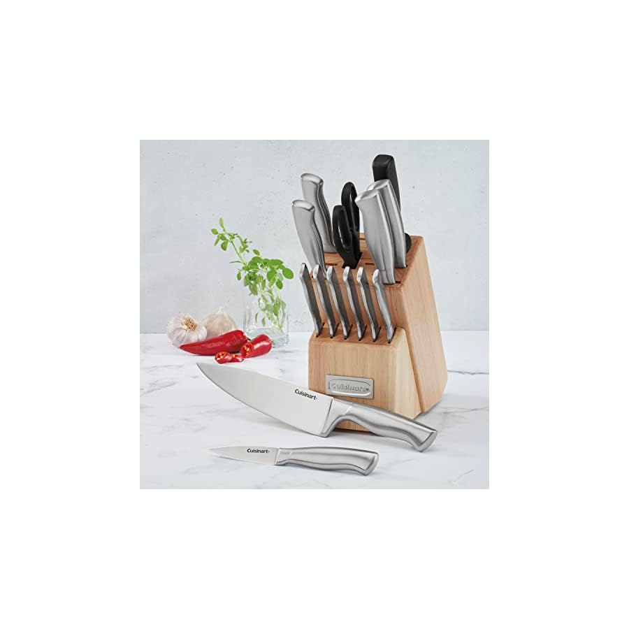 Cuisinart Block Knife Set 15pc Cutlery Knife Set with Steel Blades for Precise Cutting, Lightweight, Stainless Steel Durable& Dishwasher Safe, Natural