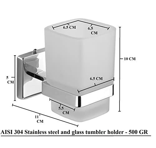 Image of Premium Wall Mounted Toothbrush Holder with Frosted Glass Tumbler | SUS 304 Stainless Steel Rustproof Toothpaste & Brush Stand for Bathroom | Chrome Finish (SQ 2707O)