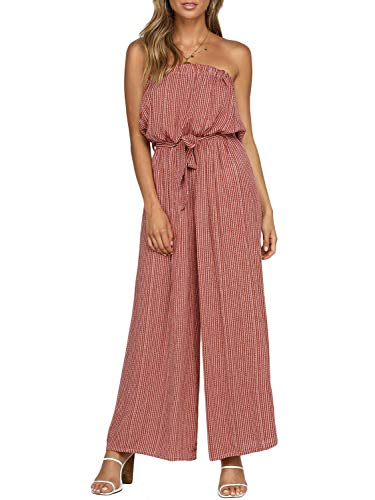 Miessial Women s Summer Sexy Tie Romper Tube Strapless Casual Jumpsuit Wide Leg Pants Jumpsuit Red 4-6