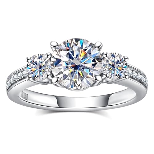 Moissanite Engagement Rings 1.4-2.2cttw D Color VVS1 Clarity Round Brilliant Cut 925 Sterling Silver 3 Stones Anniversary Promise Wedding Rings for Women with Certificate
