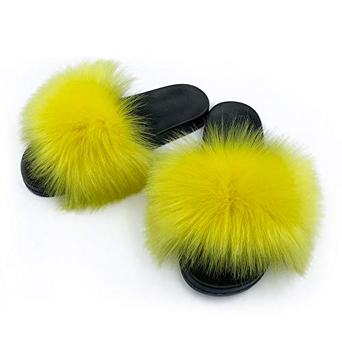 Image of Women's Faux Fur Slides Slippers Fluffy Fuzzy Sandals Open Toe Furry Slide Flip Flop Indoor Outdoor
