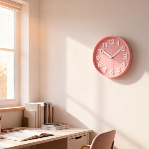 JENLYSTIME 8 Inch Vibrant Pink Modern Wall Clock – Silent Non-Ticking, Bold 3D Numbers, Precise Quartz Movement | Decorative Desk & Wall Clock with Stand for Home, Kitchen, Bedroom, or Office - Image 3
