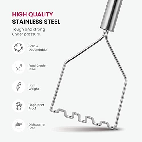 FineDine Kitchen Utensils Set - 10-Piece, Stainless-Steel Cooking Utensils w/ Spoons, Whisk, Spatula, Tongs, Ladle, Masher & Cooking Utensils Holder - Kitchen Accessories, Gadgets and Tools
