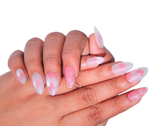 Image of 24 Pcs Reusable Artificial Nails Fake Nails with Glue and Kit|Sugar Kiss Shimmer Satin Sheen Press On Nails | ABS Material UV Protected Long Lasting Finish | Reusable Customizable Nail Kit |Medium Almond Nails