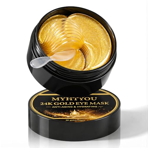 24K Gold Under Eye Patches (60 Pcs) - Collagen & Peptide Eye Masks for Dark Circles Puffy Eyes & Wrinkles Hydrating Cooling Eye Patches with Caffeine & Hyaluronic Acid Suitable for Men & Women