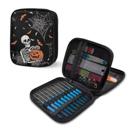 Image of Vanideaoty Skeleton Crochet Hook Bag Pumpkin Crochet Organizers | Knitting Needle Organizer Storage, Soft Easy to Clean, Outdoors, Halloween Decoration