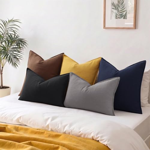 Image of decorUhome Decorative Linen Throw Pillow Covers 12x20 Inch Set of 2 Dark Grey Lumbar Pillow Covers with Flange Edges Soft Farmhouse Boho Accent Pillow Cases for Couch Bed Living Room