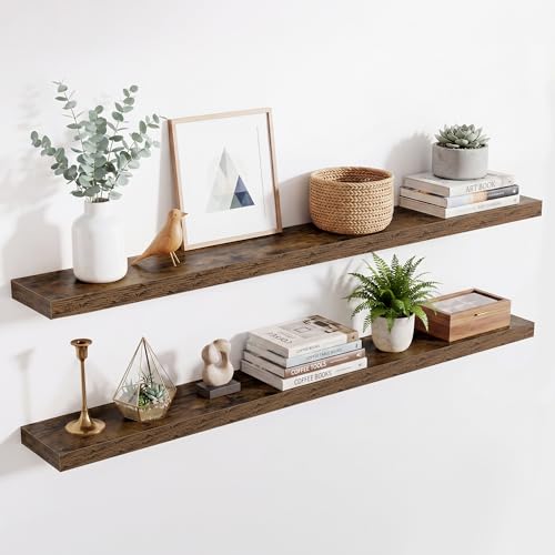 Image of Acovy 55in Long Floating Shelves for Wall Set of 2, Wood Wall Shelves for Bathroom Bedroom Kitchen Living Room Laundry Room, Modern Floating Shelf for Home Decor