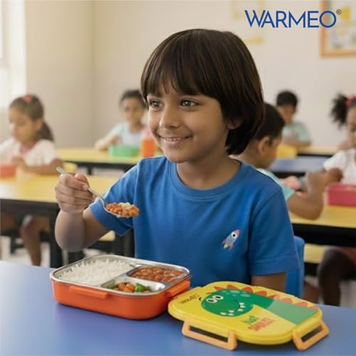 Image of WARMEO Jerry Insulated Lunch Box with Three Compartment BPA Free, Kids Lunch Box,Food Grade Ideal for School, Picnic, Office & Outdoor - 500ml Dino, Stainless Steel