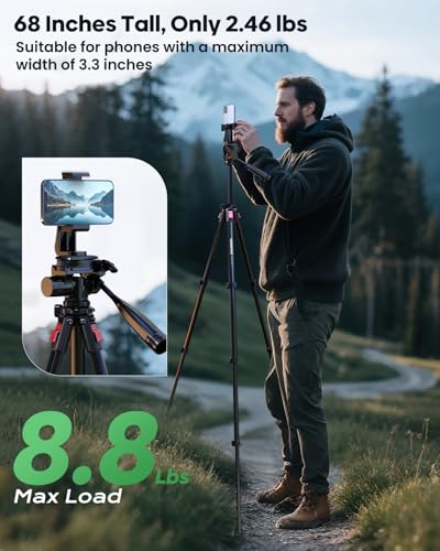 Image of CAMBOFOTO 68 Inch Video Tripod with Pan Handle for Camera Phone Camcorder | Smooth pan handle for filming sports games, shoots over crowds at 68 inches, phone clamp and quick release plate included