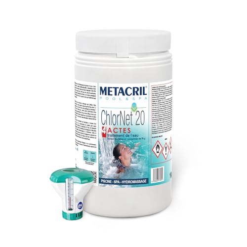 Metacril Chlor Net 20 4 Azioni + Dosatore Galleggiante con Termometro, Cloro Multiazione, in Pastiglie da 20 gr, per Piscina e Spa - 1 KG