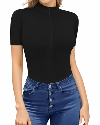 HERLOLLYCHIPS Womens Long Sleeve Tops Short Sleeve V Neck Zip Up Mock Turtle Neck Ribbed Sexy Casual Shirts2