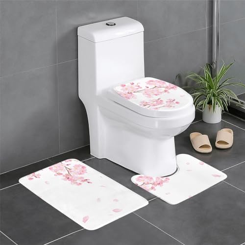 和風 桜 水彩画 花びら 舞う サクラ 3点セット トイレマット フタカバー 便座カバー 足元 U型 O型 拭ける 滑り止め 通用型 吸水 洗える 速乾 浴室マット おしゃれ 人気 かわいい 40x60cm