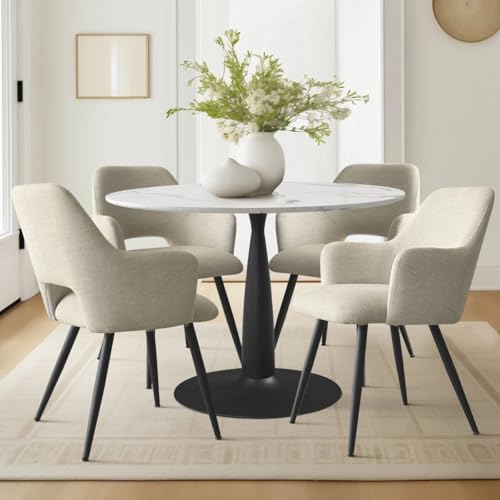 Image of Finch Fox Motel Luxurious Home Collection Upholstery Fabric Arm Dining Room Chairs in Beige Color with Black Metal Powder Coated Legs