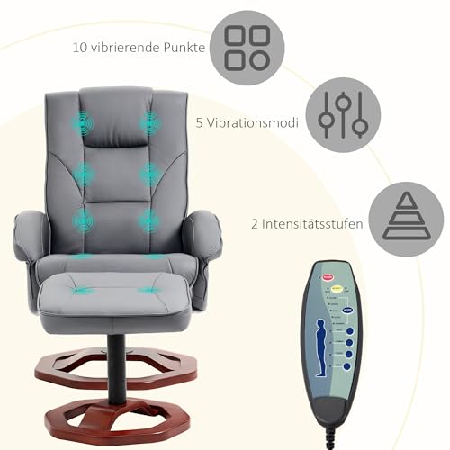 HOMCOM Relaxsessel Massagesessel mit Hocker Fernsehsessel mit Liegefunktion 360° drehbar mit Seitentasche Kunstleder 73 x 83 x 106cm Dunkelgrau – Bild 5