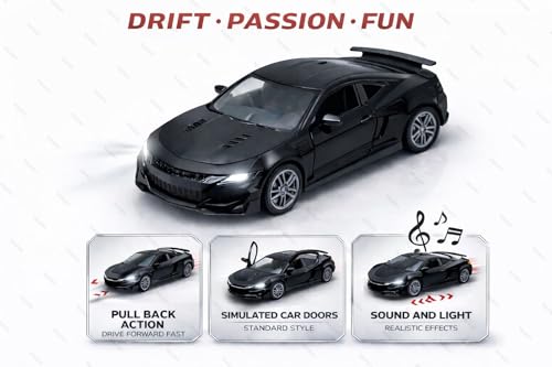 Image of 1:36 Scale Chevrolet Camaro Toy Car - Die-Cast Metal Pull Back Vehicle with Openable Doors, Lights & Music - Sports Model for Kids, Boys & Collectors (Black)